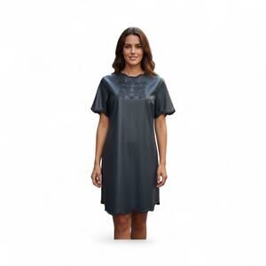 The Moon Women Black Scalloped Vegan Leather Embroidered Mini Dress Small